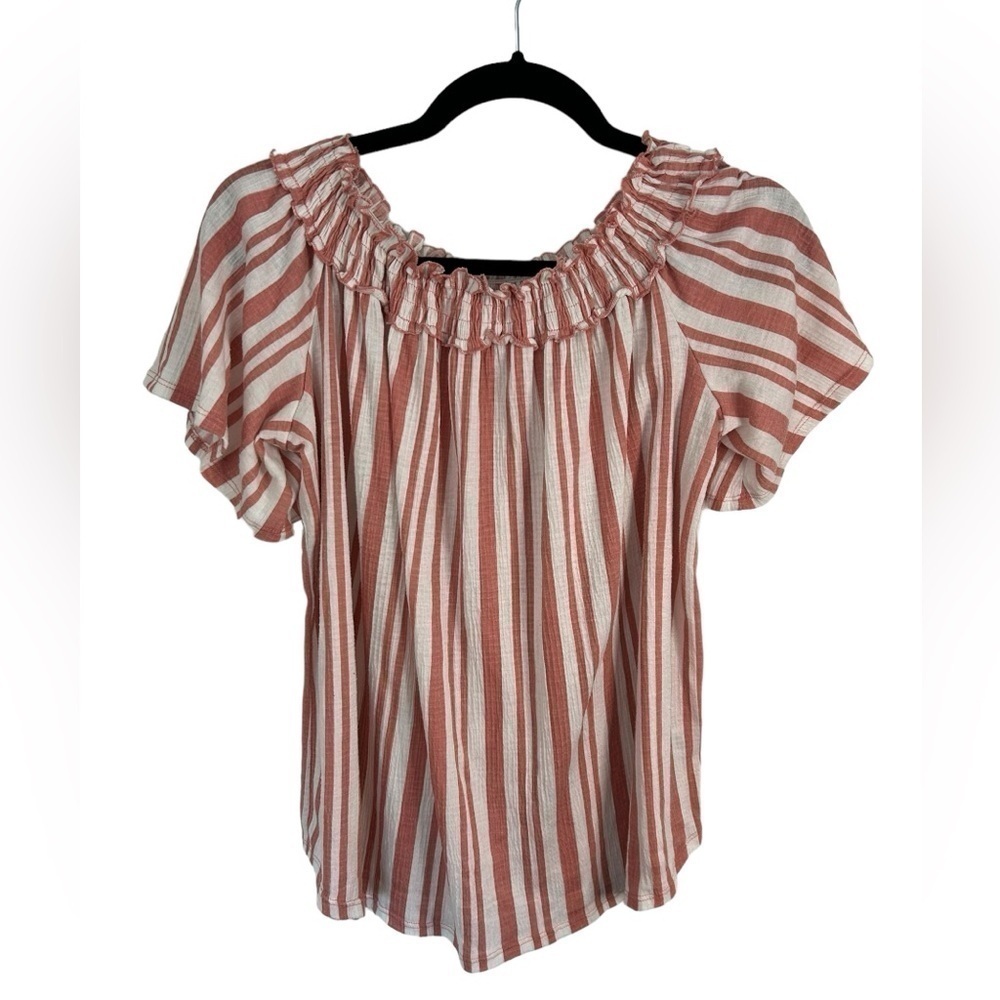 ♥️ French Laundry Blush Pink White Vertical Stripe Off Shoulder Blouse Top Sz XL